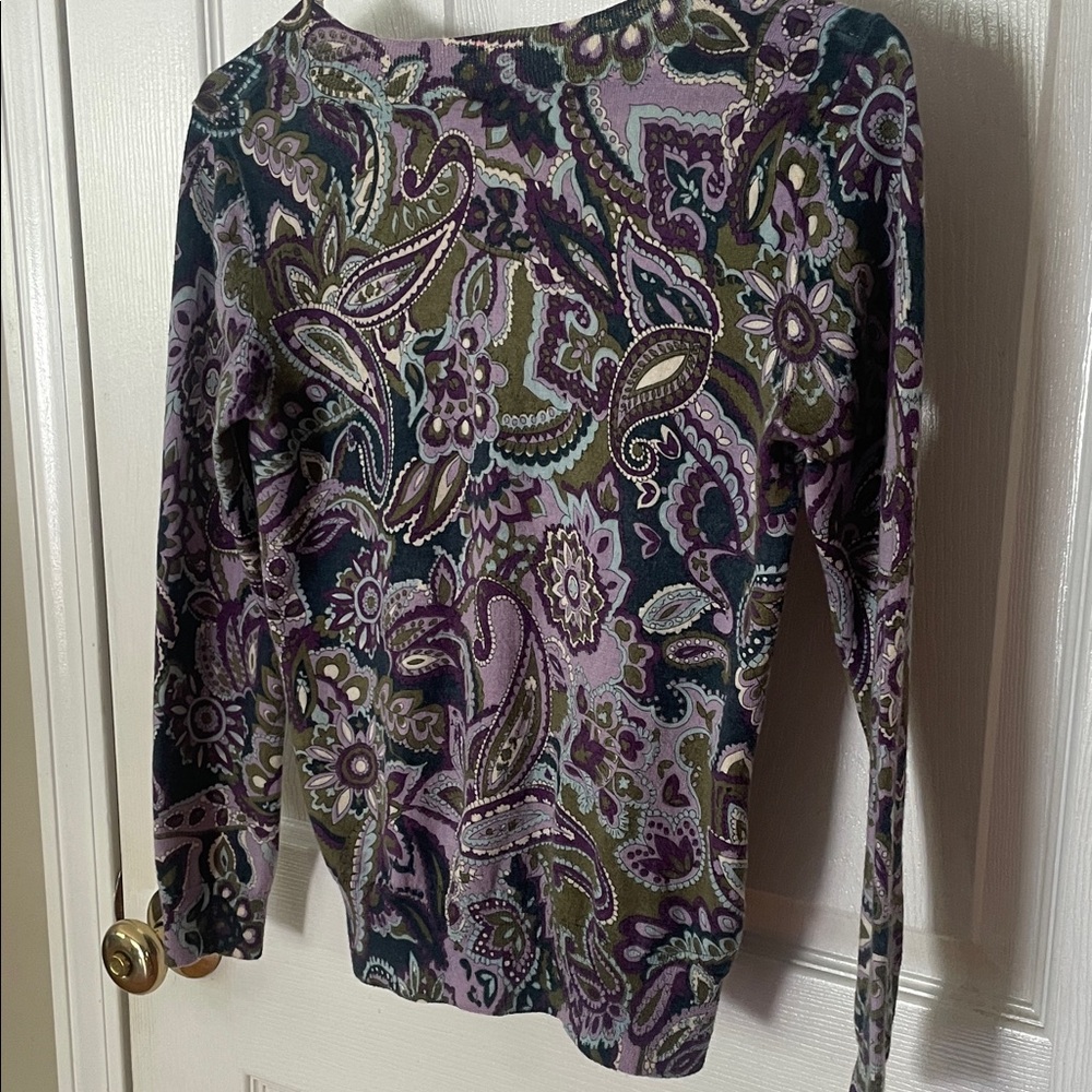 Talbots 100% merino wool Olive & Purple Paisley sweater Chic, unique, gorgeous! - Picture 7 of 9
